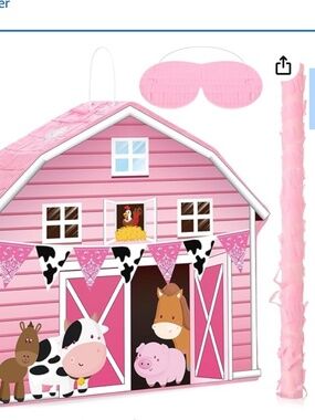 Pink Farm Piñata Bundle Fiesta Set Includes Bat Stick, Barnyard Piñata Blindfold